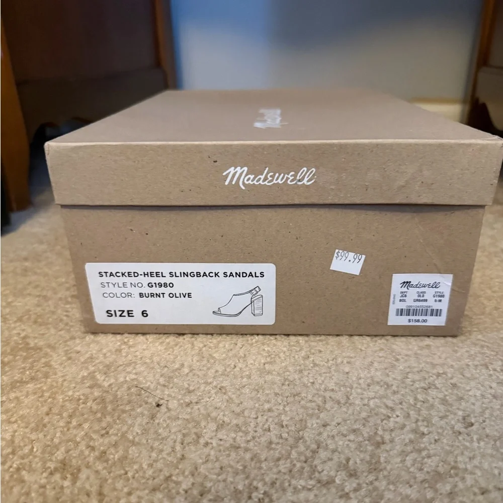 Madewell Olive Green Peep Toe Block Stacked Heel Slingback Heels, size 6 NIB - Picture 2 of 11